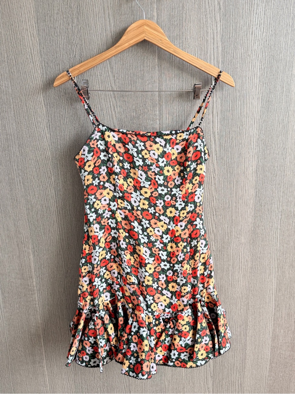 Agua Bendita Black Floral Spaghetti Strap Ruffle Mini Dress